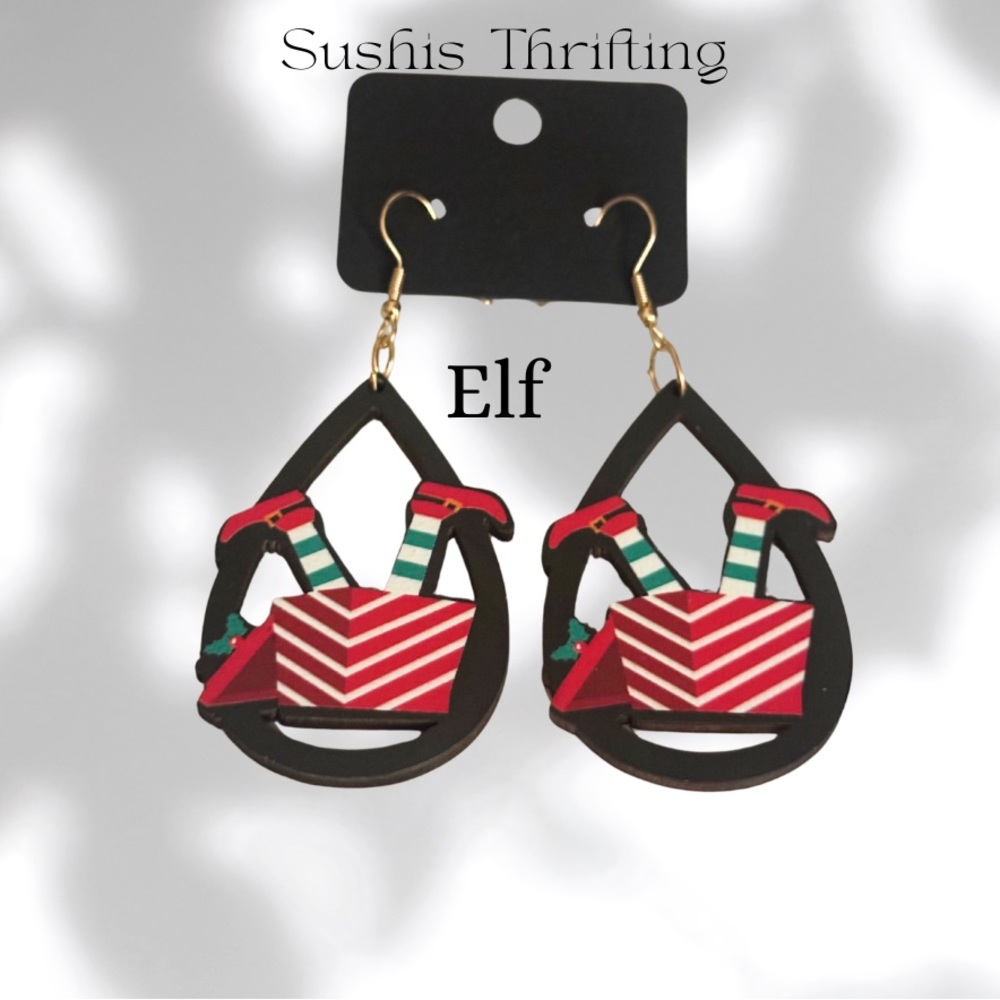 3 Wooden Christmas Teardrop Earrings - Picture 3 of 6